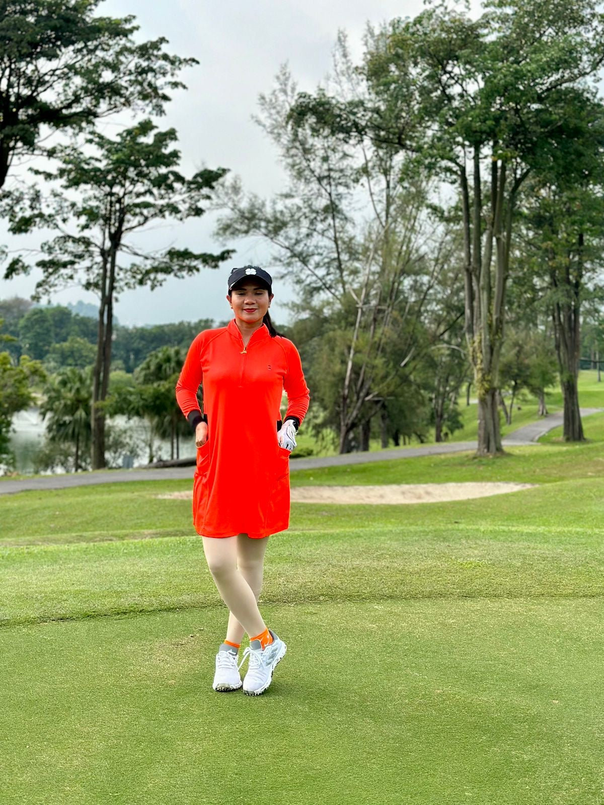 GD-031 || Golf Dress Bright Orange with Long Sleeve and Black Trim w/ V-Neck Zip Fastened