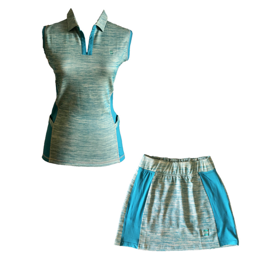 LGS-002 || Ladies Golf Skirt & Top Set Yellow Tan with Green Horizontal weave Green Pocket