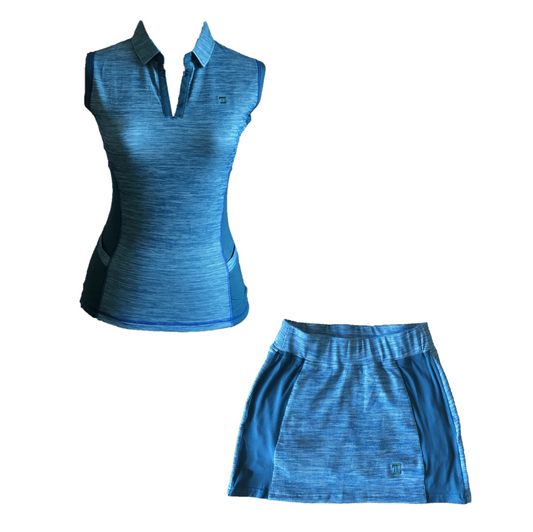 LGS-004 || Ladies Golf Skirt & Top Sleeveless Set Bright Blue w Blue Tosca Horizontal With Blue Pocket