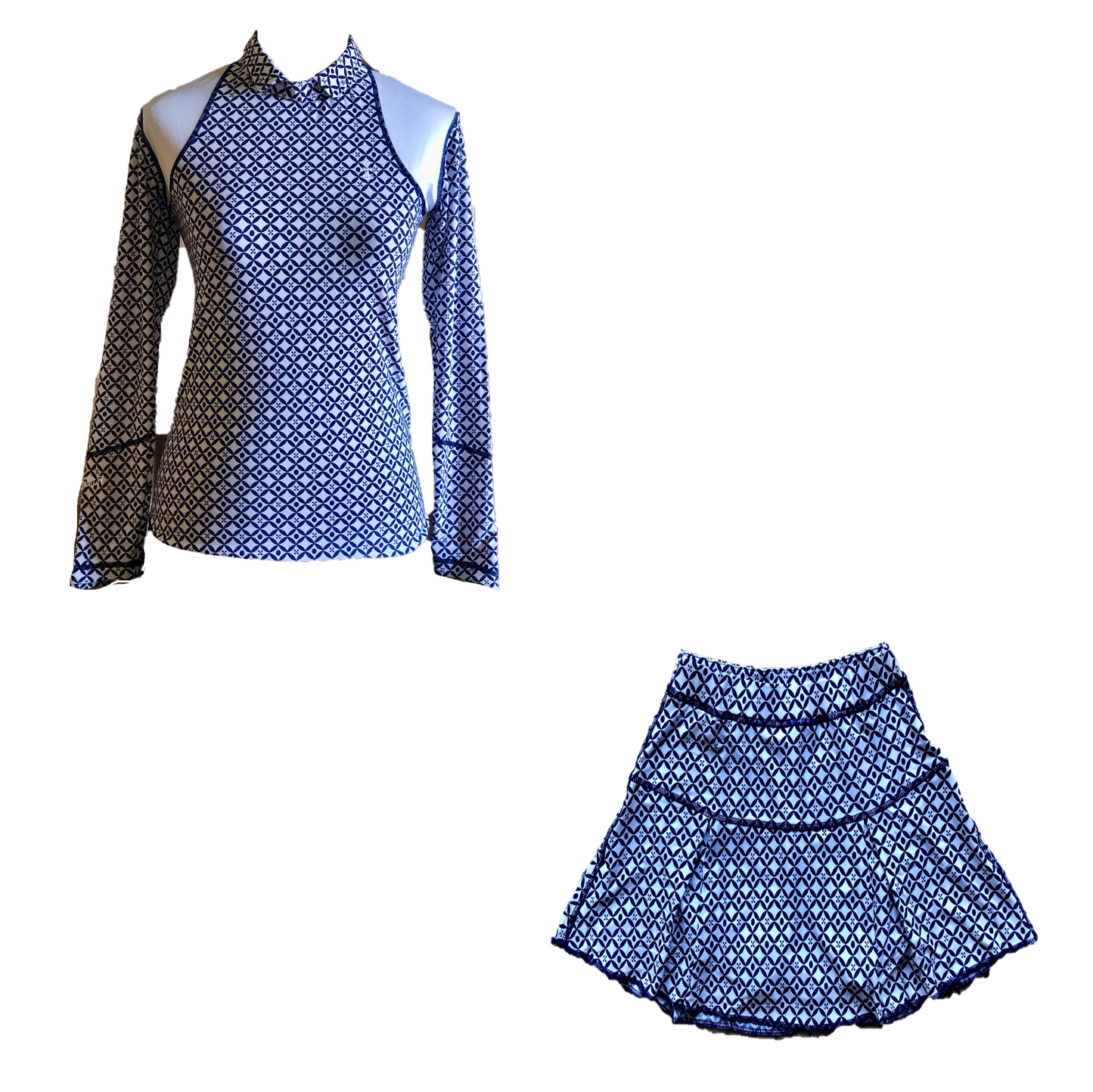 LGS-005A || Ladies Golf Skirt & Top Navy & White Geometric Pattern White Lapel and Cuff