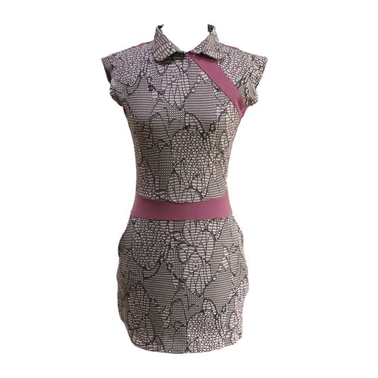 GD-011 || Golf Dress Mauve, Light Green & Black Modern Batik with Mauve Waist Sash & Shoulder Slash Very Short Sleeve