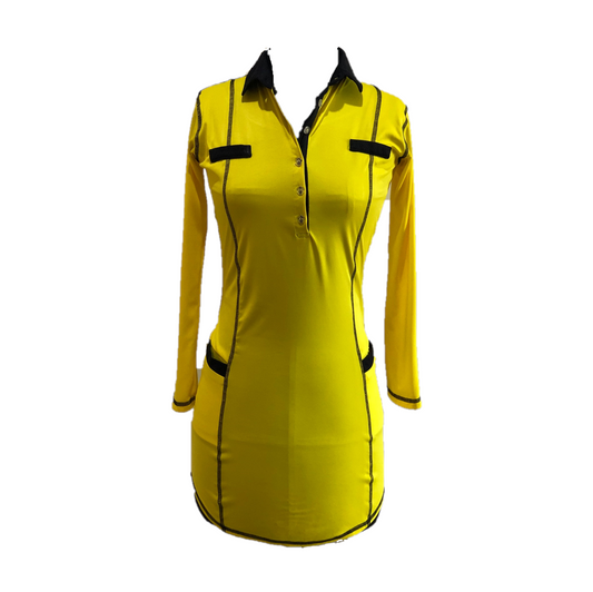 GD-012B || Golf Dress Bright Yellow with Black Trim and Black Overlocked Seams LS Mock Breast Pocket Trims with 2 Waist Pockets