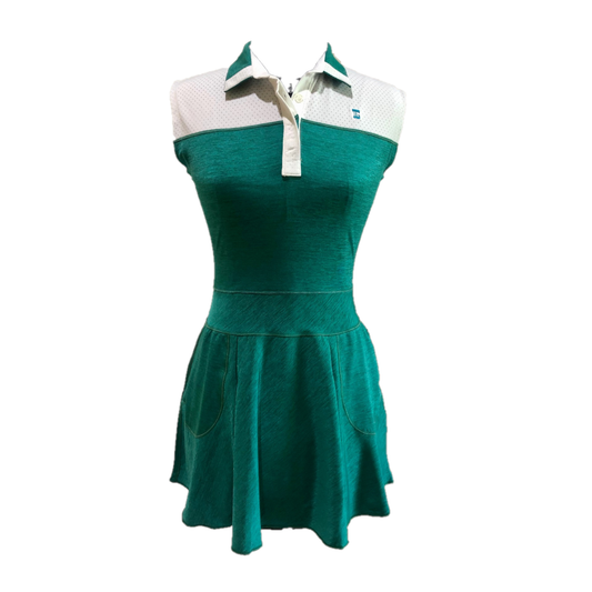 GD-013 || Golf Dress Sleeveless Mid Green Textured Cloth White Shoulder Panel and Green & White Collar / Neck Trim