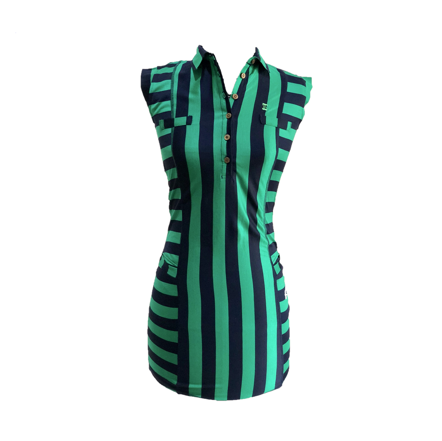 GD-014B || Golf Dress Ultra Short Sleeve Green with Navy Broad Vertical Front and Back Stripes Horizontal Sides