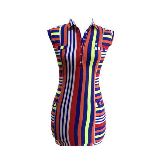 GD-014D || Golf Dress Ultra Short Sleeve Multi Colored Vertical Front and Back Narrow Stripes and Horizontal Side (Lime Green, Orange, White, Blue and Red )