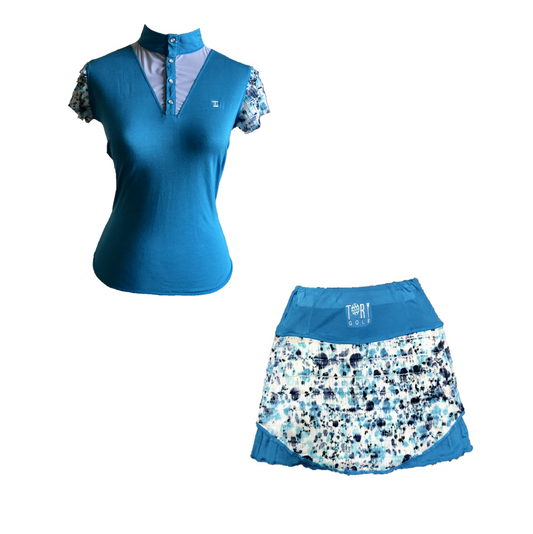 LGS-015B || Ladies Set Top Olympic Blue Shirred / Layered Brown & White Motif Sleeves button Mandarin Collar white Neck V Inset - Skirt  Olympic Blue  W White and Dark Blue  Horizontal Flouncess - 2 Side and One Rear Waste Zip Pocket