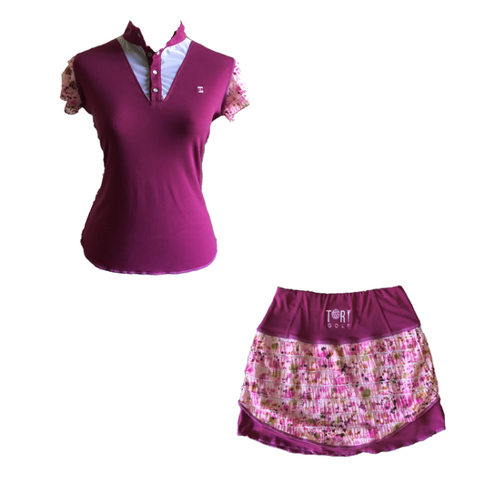 LGS-015A || Ladies Set Top Boysenberry Purple Shirred / Layered Brown & White Motif Sleeves Button Mandarin Collar White Neck V Inset - Skirt  Boysenberry with White and Pale Green  Horizontal  Flouncess - 2 Side and One Rear Waste Zip Pocket