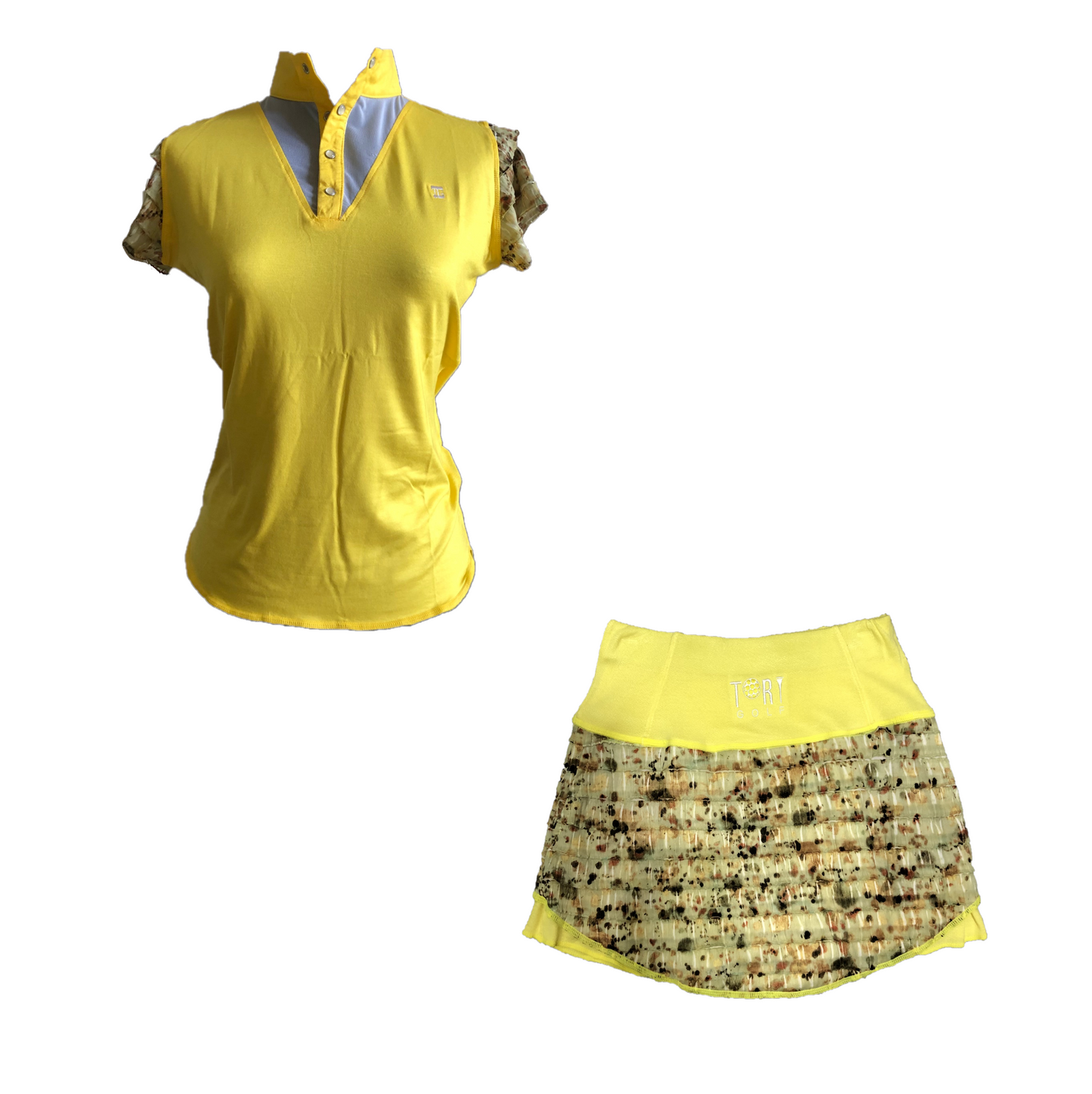 LGS-015 || Ladies Set Top Bright Yellow Short Brown & White Motif Sleeves Button Mandarin Collar White Neck V Inset - Skirt Pale Lemon with White and Dark Brown Horizontal Flouncess - 2 Side and One Rear Waste Zip Pocket