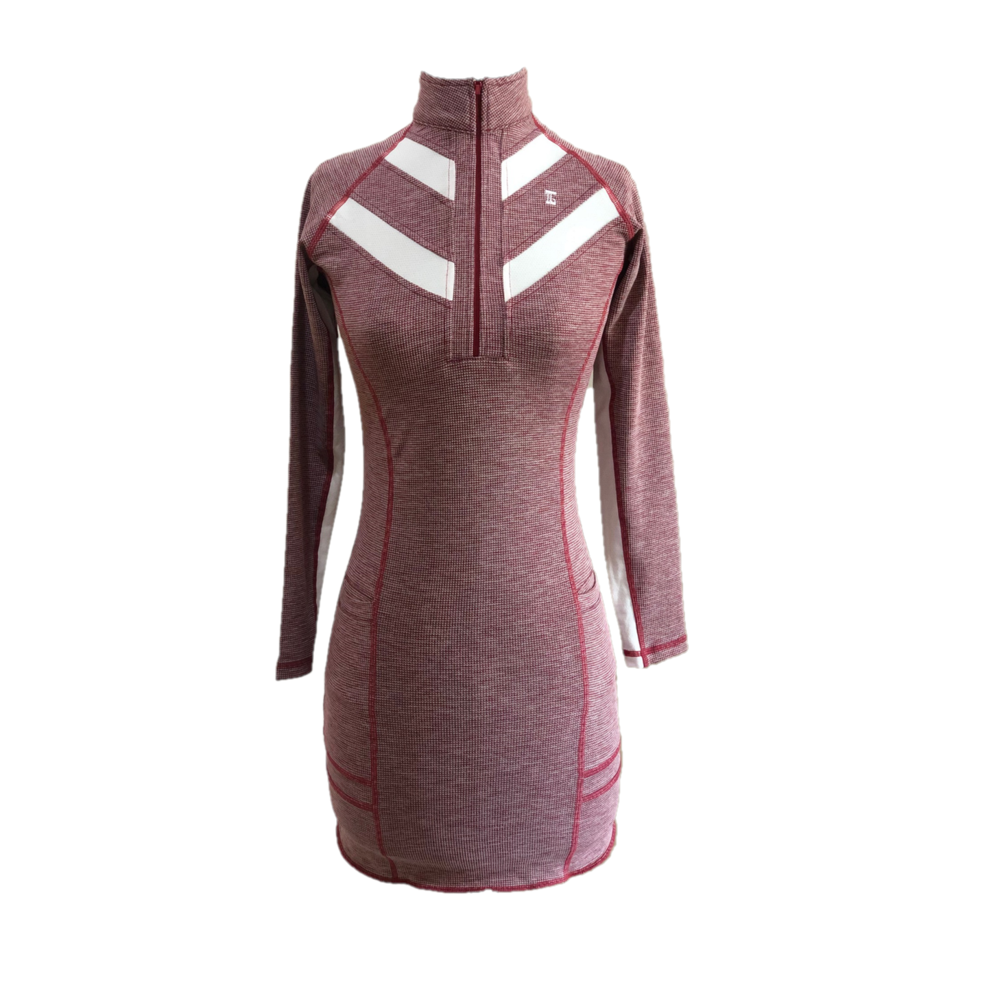 GD-019 || Golf Dress Long Sleeved Maroon Marble  and White Tweed Featured Over Locked Seems with Double Hem Overlocking Textured Fabric, Wide Back Chevron Stripes 2 Each Side of Front Collar, Zip Mock Polo Neck, 2 Front Pockets with White Trim