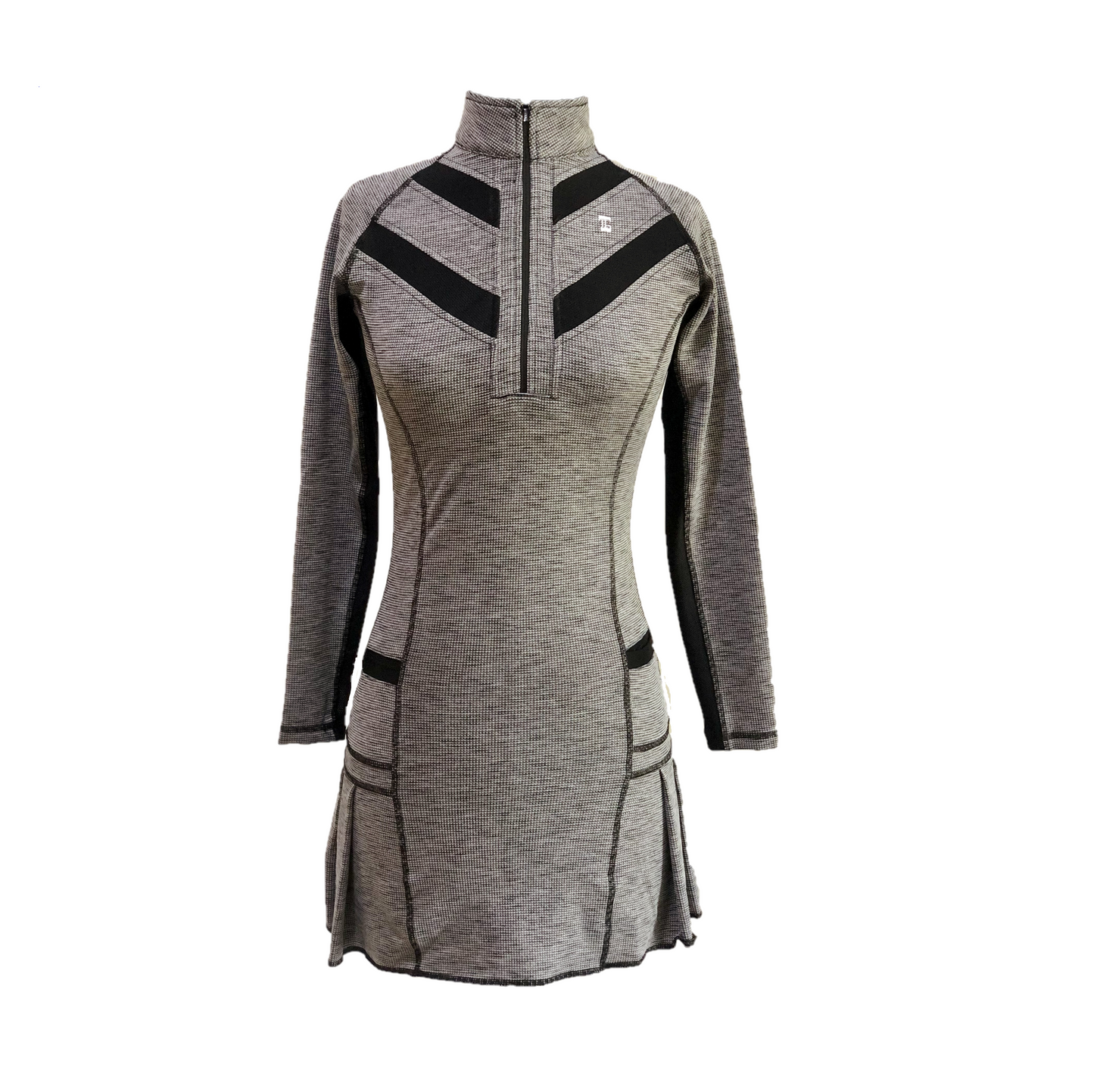 GD-020 || Golf Dress Long Sleeved Charcoal and White Textured Fabric, Wide Back Chevron Stripes 2 Each Side of Front Collar, Zip Mock Polo Neck, 2 Front Pockets with Black Trim Swing Style Lower Pleats