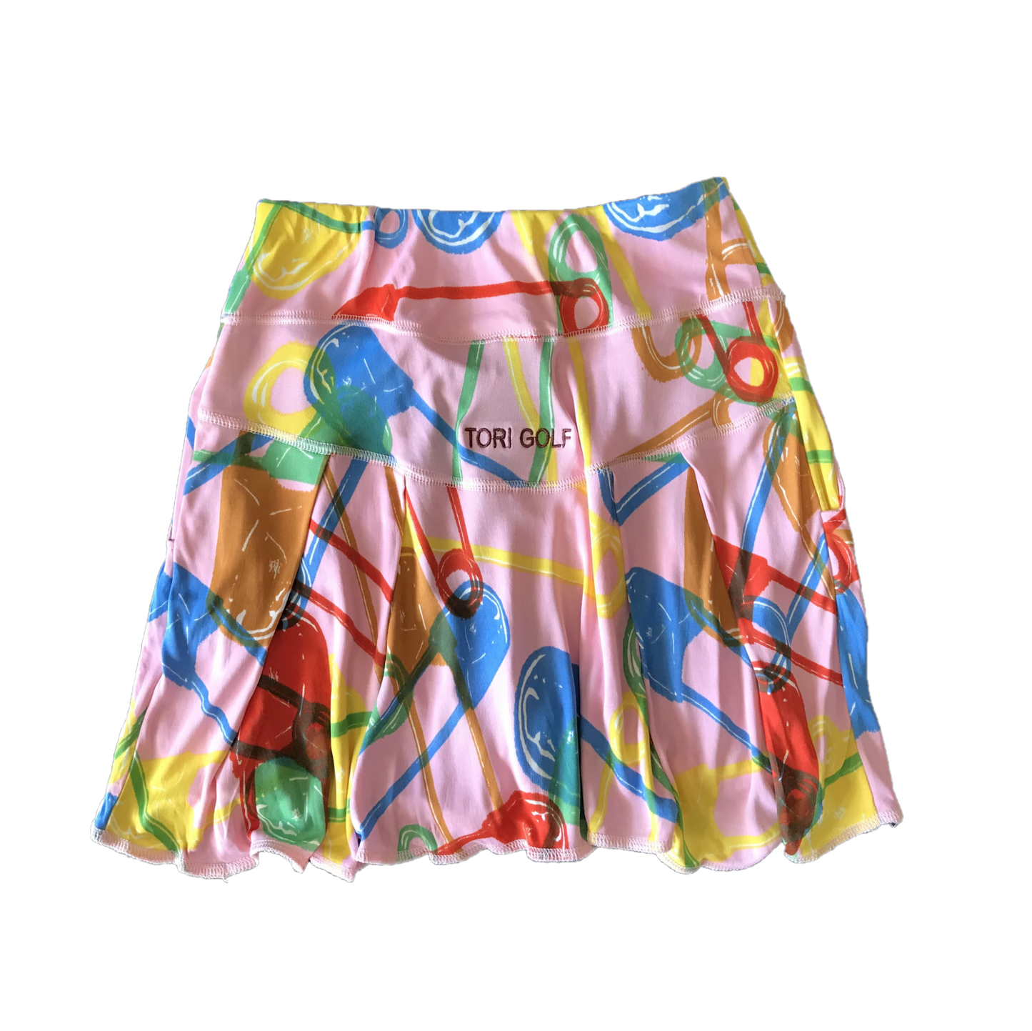 LS-043A || Skirt  Pink with Red, Blue, Yellow and Green  Safety Pin Motif 2 Rear Pleats