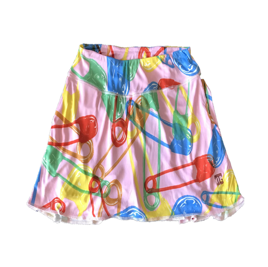 LS-043A || Skirt  Pink with Red, Blue, Yellow and Green  Safety Pin Motif 2 Rear Pleats