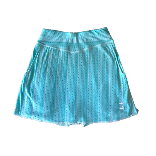 LS-043J || Skirt Blue Sky with White Vertical Stripes (Horizontal at Waist Band) and Small Horizontal = Breathing Openings All Around. Pleated Rear Panel and 2 Side Pockets