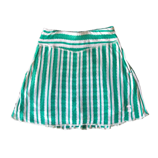 LS-043K || Skirt white with Green Lace  Combination Stripes 2 Side Pockets & Pleated Rear Panel