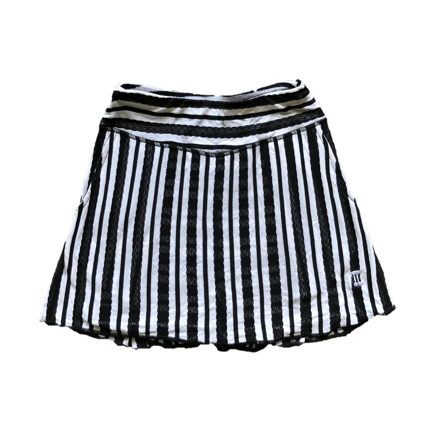 LS-043N || Skirt Black with White Lace Combination Stripes 2 Side Pockets & Pleated Rear Panel