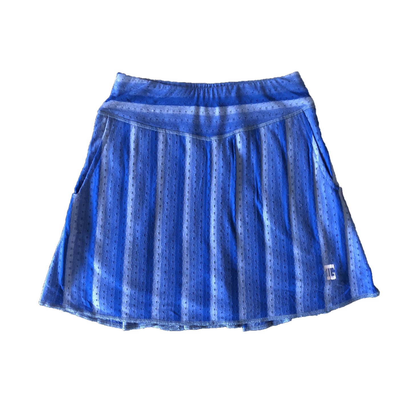 LS-043O || Skirt Dark Blue with White Vertical Stripes (Horizontal at Waist Band) and Small Horizontal = Breathing Openings All Around Pleated Rear Panel and 2 Side Pockets