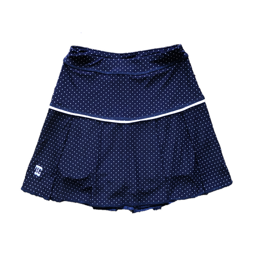 LS-074 || Skirt Navy Blue with Small White Polka Dots White Horizontal Waist Beading and 4 Box Pleats