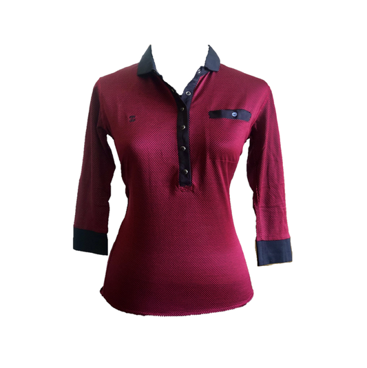 LT-090F || Ladies Top Maroon with Black Horizontal Dashed Stripes and Black Trim 3/4 Sleeves and Snap Pearl Buttons
