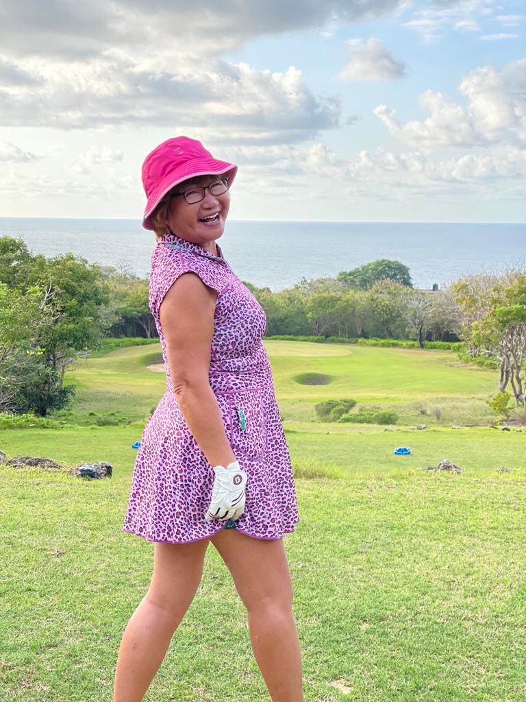 RGD-021B  || Golf Dress Reversible Sleeveless One Side Green, Mauve White & Yellow with Rose and Geometric Motif Other Side Lilac, Black & Red Faux Leopard Spots, Mandarin Collar Concealed Zip Fastened