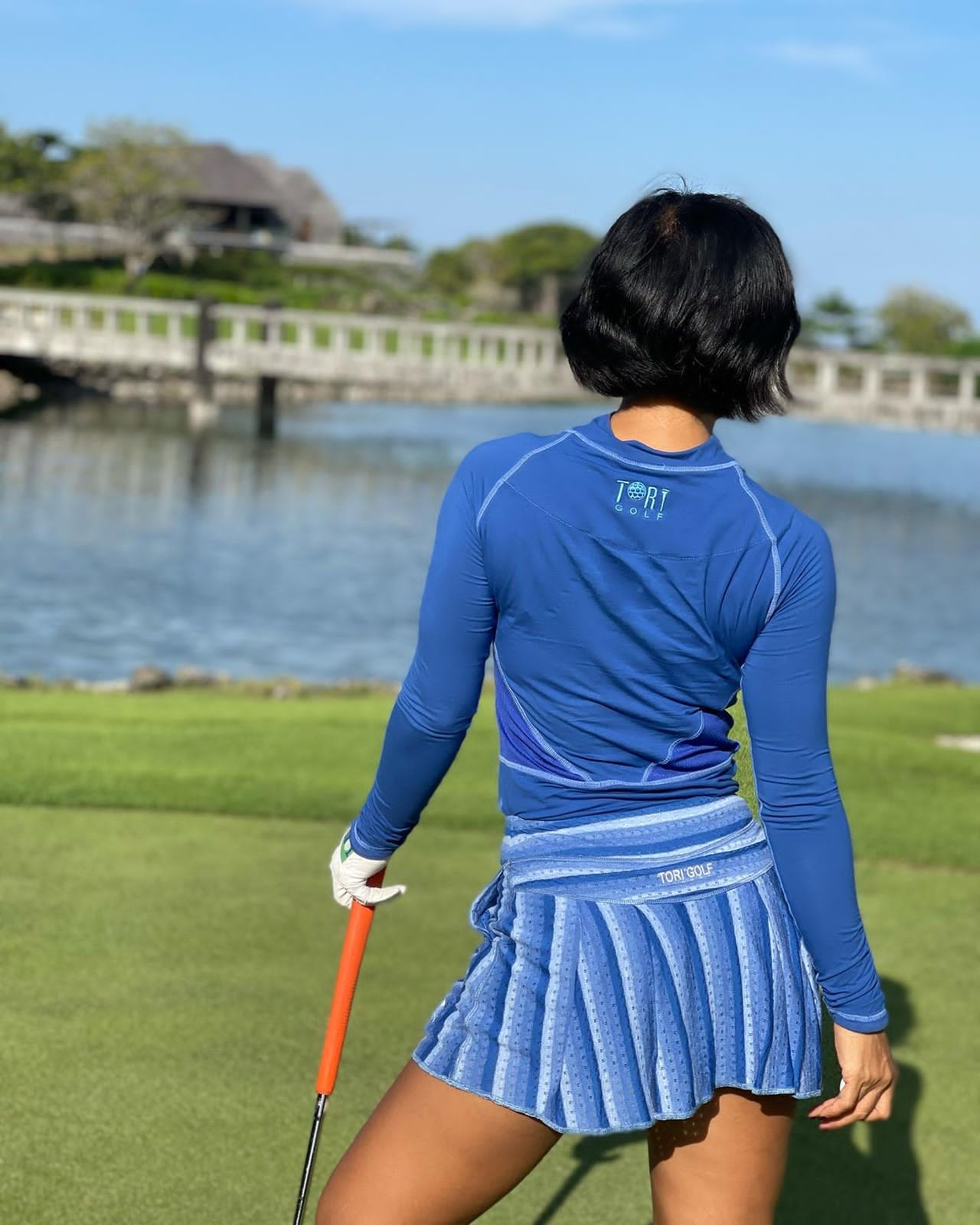 LS-043O || Skirt Dark Blue with White Vertical Stripes (Horizontal at Waist Band) and Small Horizontal = Breathing Openings All Around Pleated Rear Panel and 2 Side Pockets