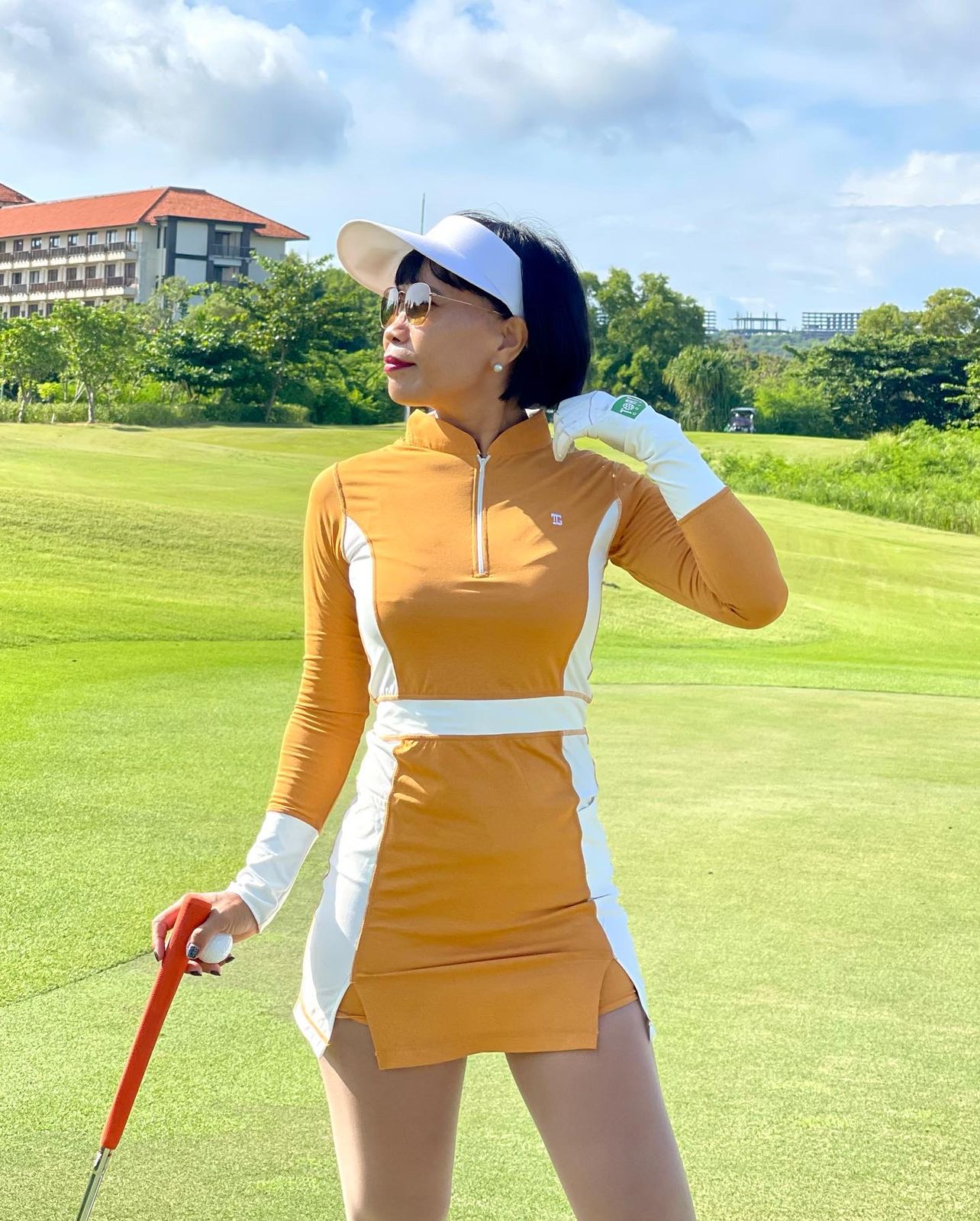 GD-016A || Golf Dress Long Sleeve Orange Mustard With White Half Belted Waist Cuff Belted Under Arm Side Pannel Zipper Mandarin Type Collar With Peacked Back Section