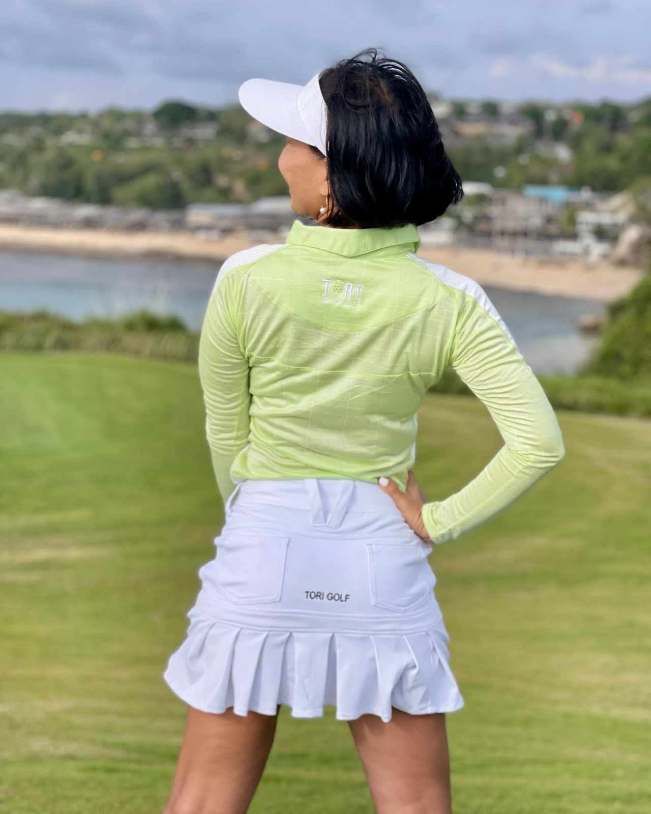 LT-094A || Ladies Top Long Sleeve Mid Green And White Horizontal & Vertical Stripe With White Front Chest Panel Outer Sleeve White Panel / Stripe Full Lenght Zipper Neck.