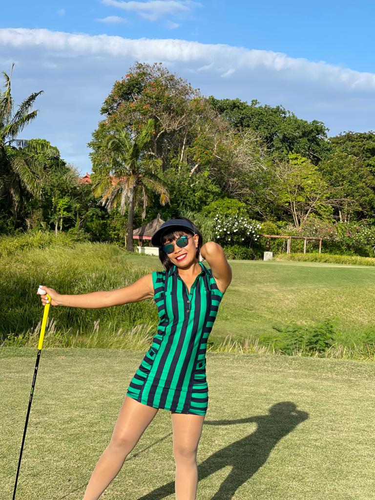 GD-014B || Golf Dress Ultra Short Sleeve Green with Navy Broad Vertical Front and Back Stripes Horizontal Sides