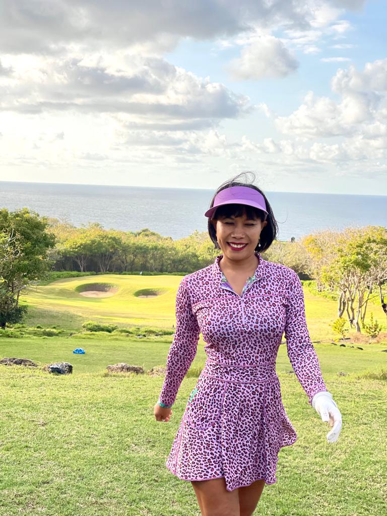 RGD-023 || Golf Dress Reversible Long Sleeve One Side Green, Mauve White & Yellow with Rose and Geometric Motif other Side Lilac, Black & Red Faux Leopard Spots, Mandarin Collar Concealed Zip Fastened