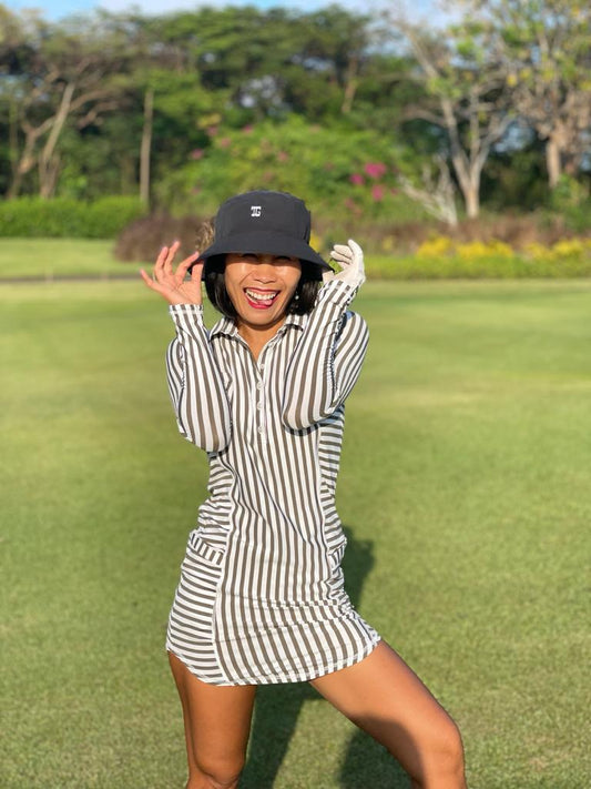 GD-012C || Golf Dress White with Dark Khaki Vertical Stripes Front & Back and Horizontal Stripes Both Sides  LS  Mock Breast Pocket Trims with 2 Waist Pockets