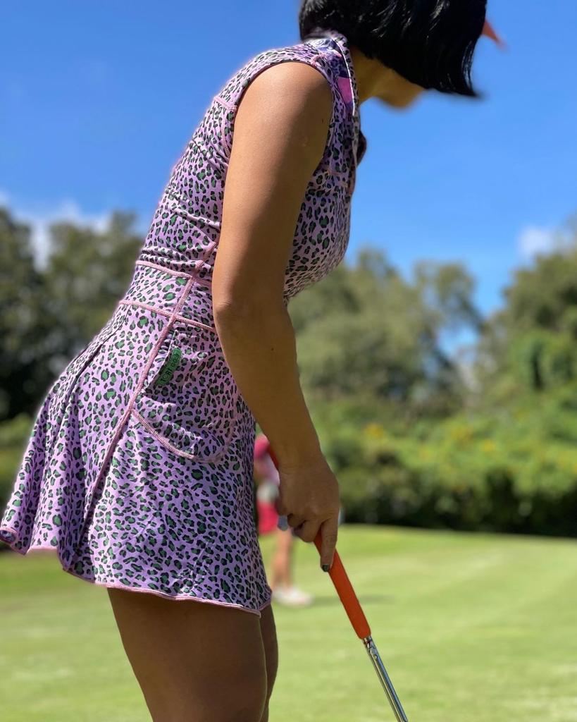 RGD-021C || Golf Dress Reversible Sleeveless One Side Pink, Purple and Green with Rose and Geometric Motif Other Side Pink w Green & Black Faux Leopard Spots, Mandarin Collar Concealed Zip Fastened