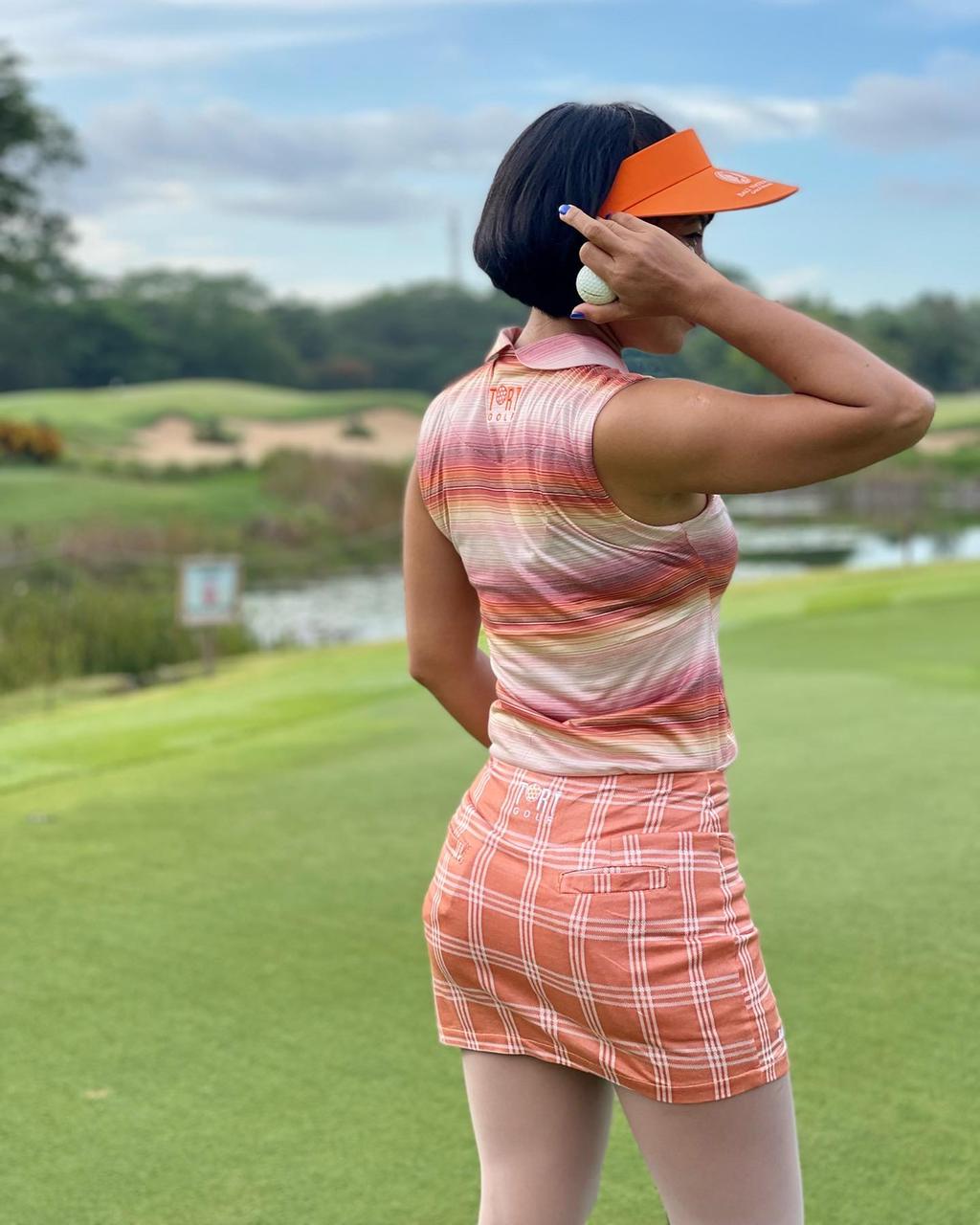 LS-063D || Ladies Skirt Burnt Orange With White Triple Lined Square Outlines and One Piped White Vertical Stripes 3 Buttons Concealing Zip Fastening 2 Rear Pockets and 1 Round Pockets