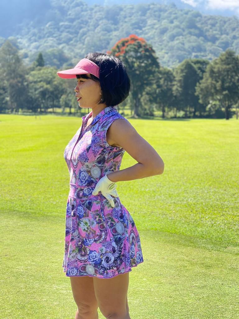 RGD-021C || Golf Dress Reversible Sleeveless One Side Pink, Purple and Green with Rose and Geometric Motif Other Side Pink w Green & Black Faux Leopard Spots, Mandarin Collar Concealed Zip Fastened