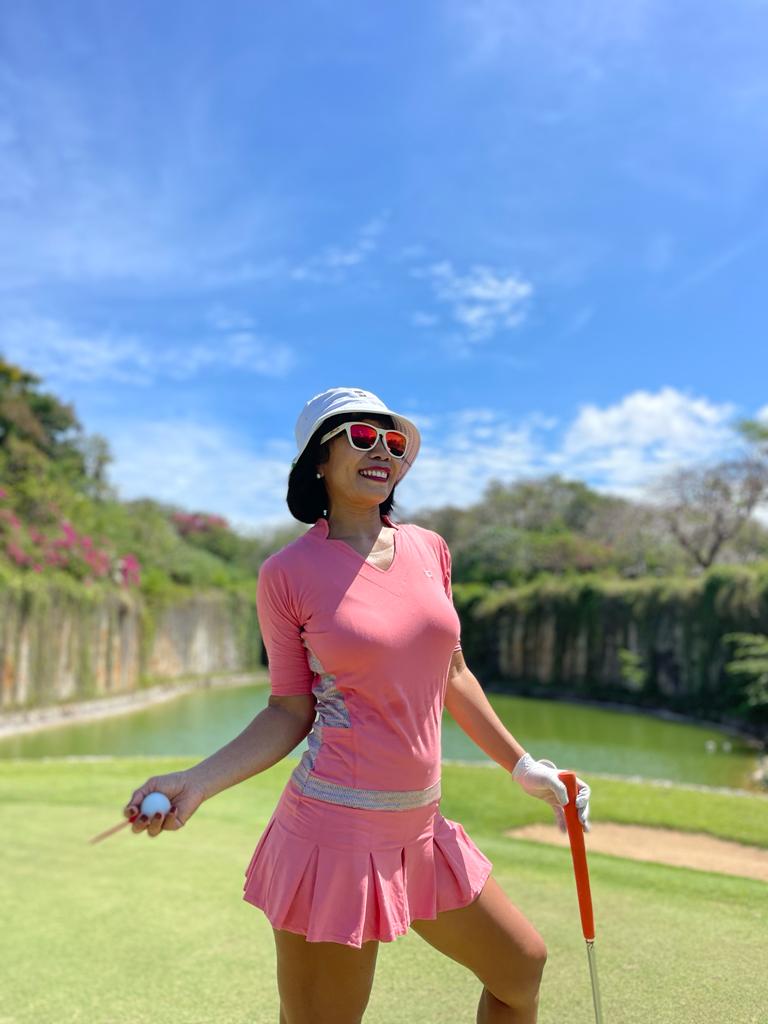 GD-017 || Golf Dress Salmon Pink  Open V Neck Mandarin Collar Pleated Swing Hem with Orange Blue and White Fine Herringbone Pattern Underarm and Above Hemline Trim, 2 Side Pockets