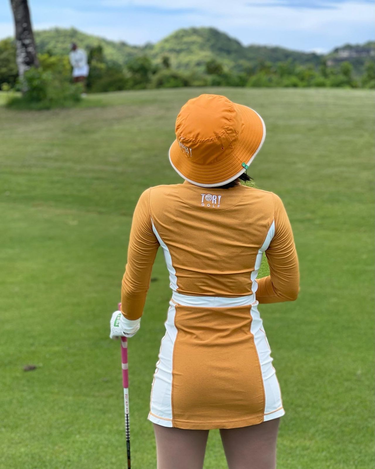 GD-016A || Golf Dress Long Sleeve Orange Mustard With White Half Belted Waist Cuff Belted Under Arm Side Pannel Zipper Mandarin Type Collar With Peacked Back Section