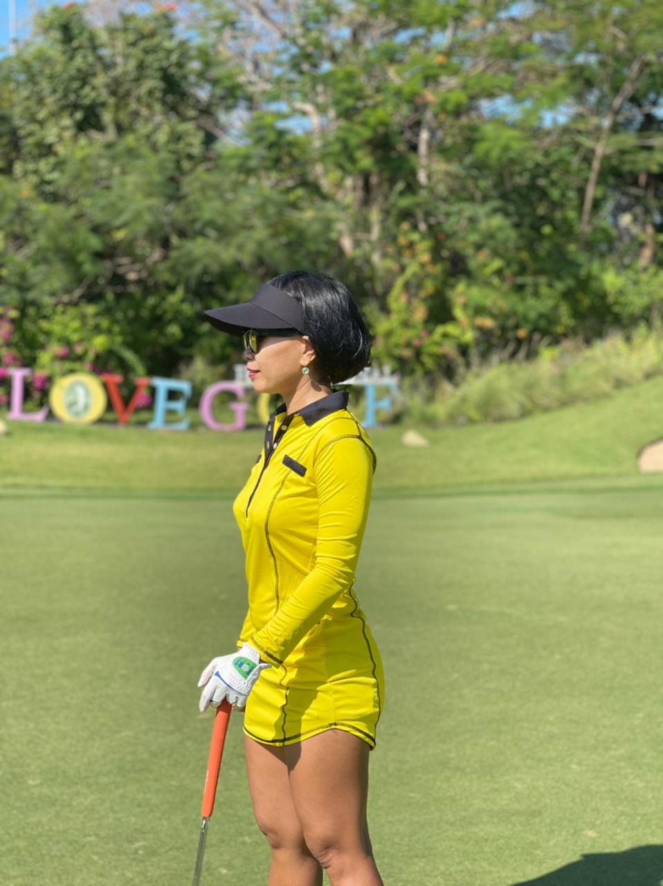 GD-012B || Golf Dress Bright Yellow with Black Trim and Black Overlocked Seams  LS  Mock Breast Pocket Trims with 2 Waist Pockets