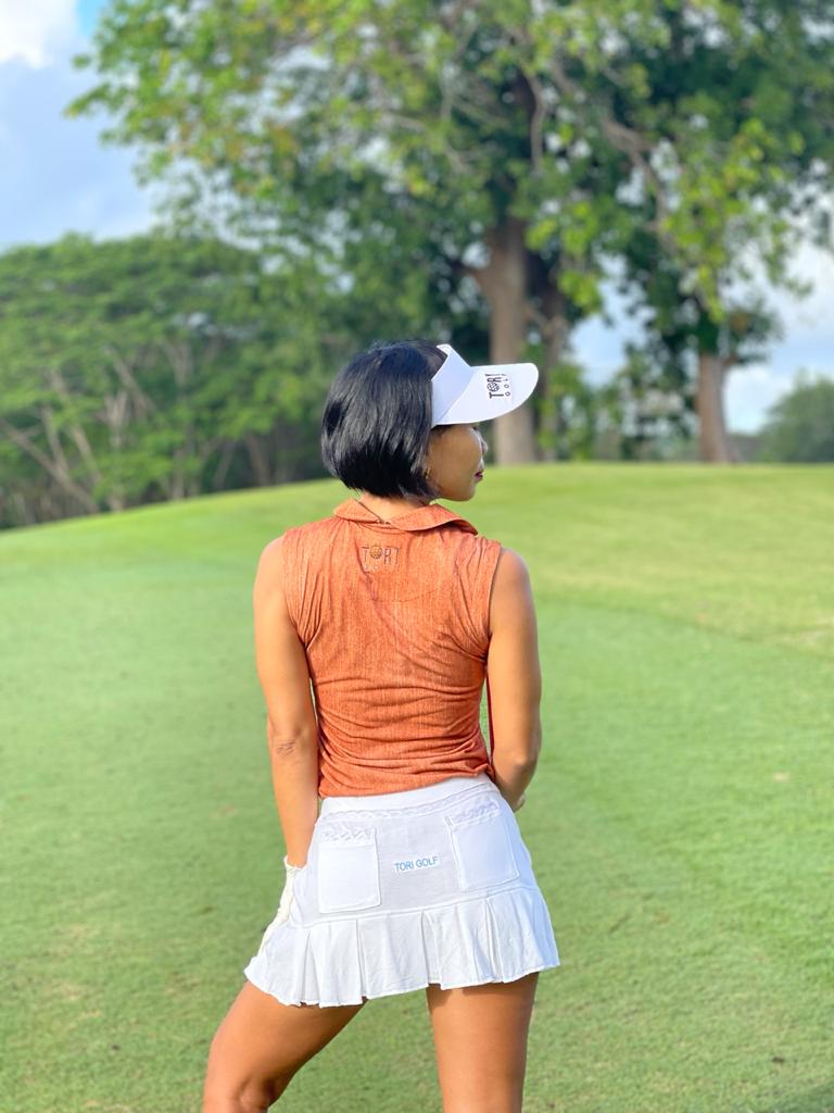 LT-091A || Ladies Sleeveless Top Burnt Orange with Fine Off White Fleck, Angled 4 Button Neck