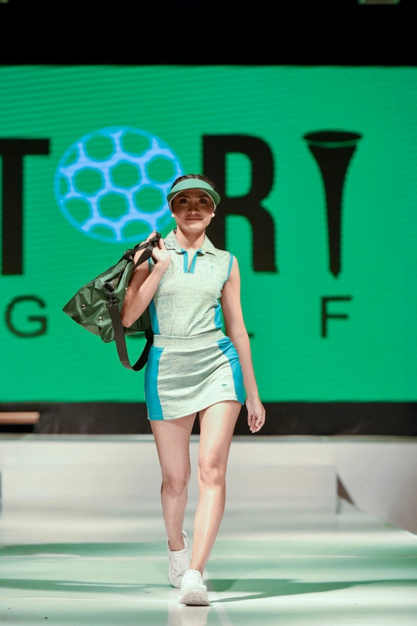 LGS-002 || Ladies Golf Skirt & Top Set Yellow Tan with  Green Horizontal weave Green Pocket