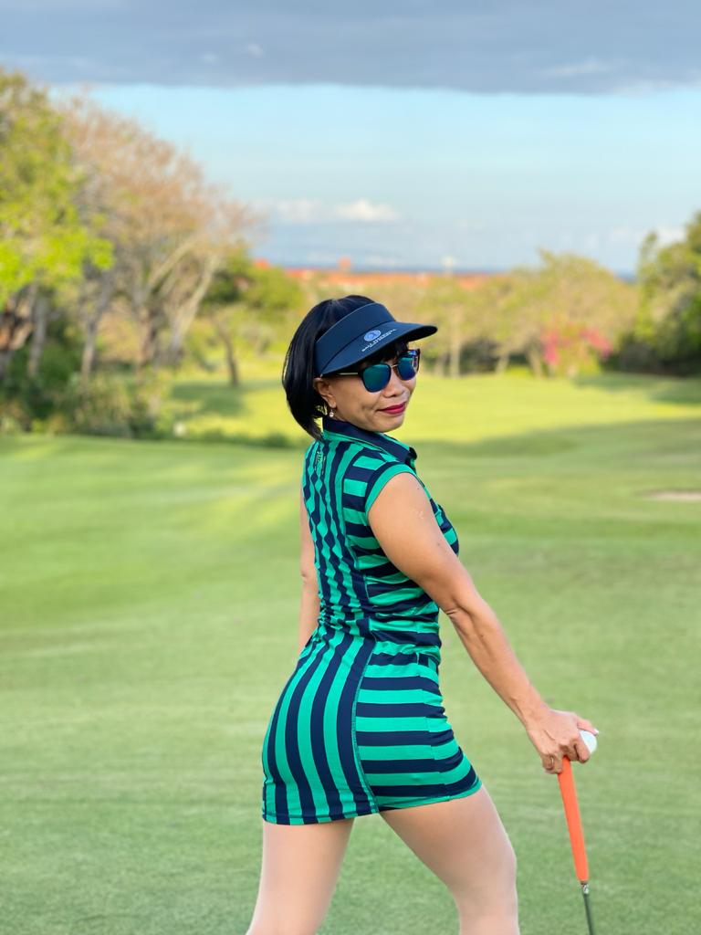 GD-014B || Golf Dress Ultra Short Sleeve Green with Navy Broad Vertical Front and Back Stripes Horizontal Sides