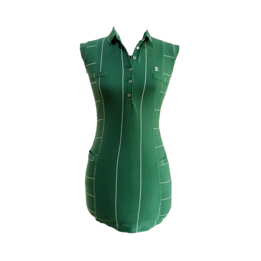 GD-014E || Golf Dress Ultra Short Sleeve Bottle Green With thin White Vertical Horizontal Side Stripes Standard Short Collar With Long 6 Button Opening