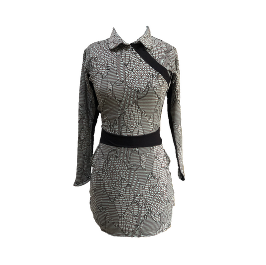 GD-010A || Golf Dress Long Sleeve Black, Green & Brown Modern Batik with Black Waist Sash & Shoulder Slash