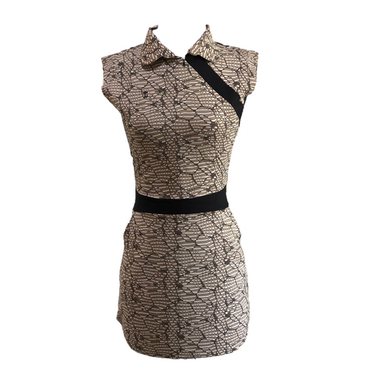 GD-011D || Golf Dress Ultra Short Sleeve Brown with  Brown Modern Batik Black Waist Sash & Shoulder Slash