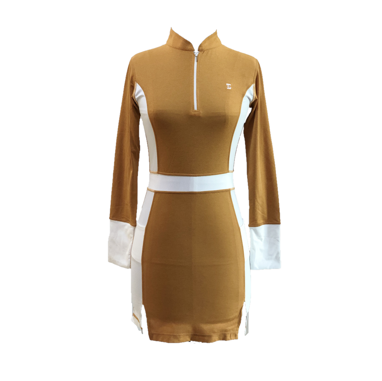 GD-016A || Golf Dress Long Sleeve Orange Mustard With White Half Belted Waist Cuff Belted Under Arm Side Pannel Zipper Mandarin Type Collar With Peacked Back Section