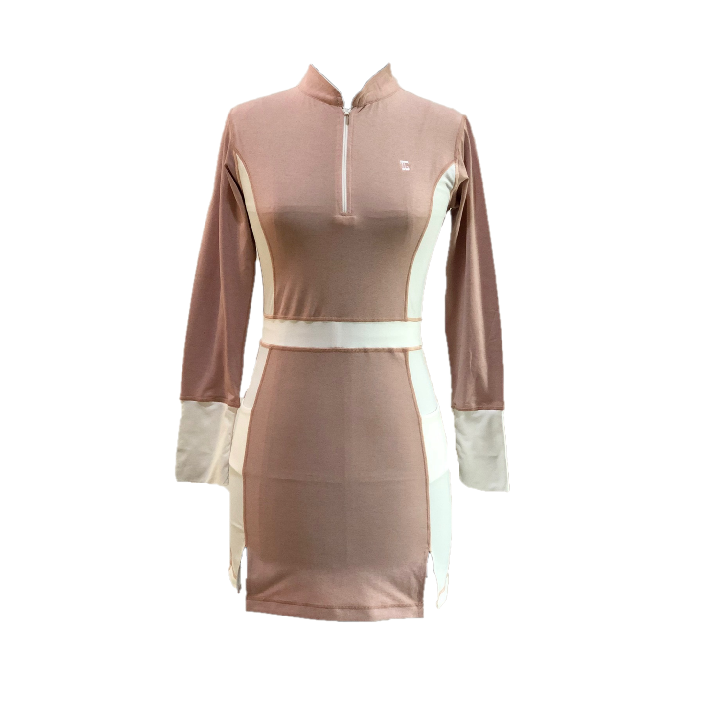 GD-016B || Golf Dress Long Sleeved Pink Nude with White Half Belted Waist Cuffs, Underarm Side Panels Zippered Mandarin Type Collar with Peaked Back  Section