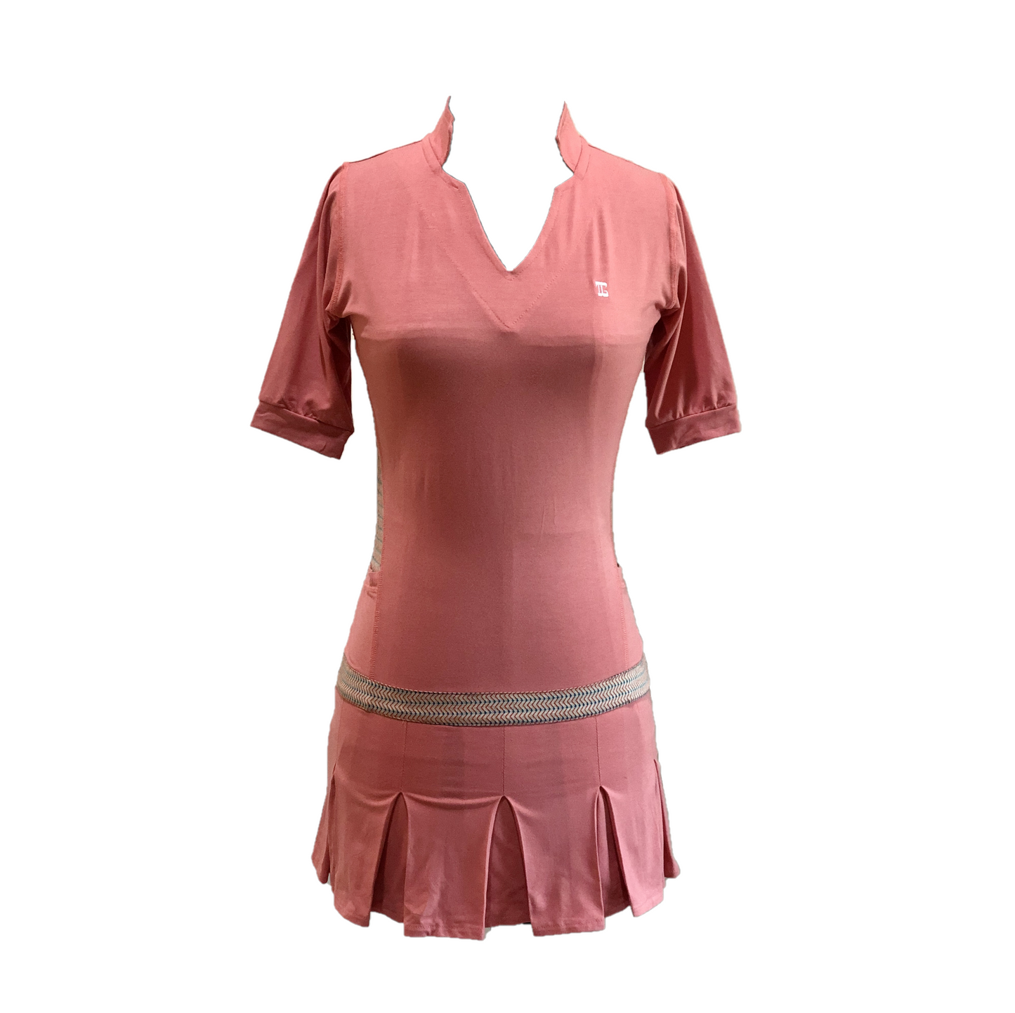 GD-017 || Golf Dress Salmon Pink  Open V Neck Mandarin Collar Pleated Swing Hem with Orange Blue and White Fine Herringbone Pattern Underarm and Above Hemline Trim, 2 Side Pockets