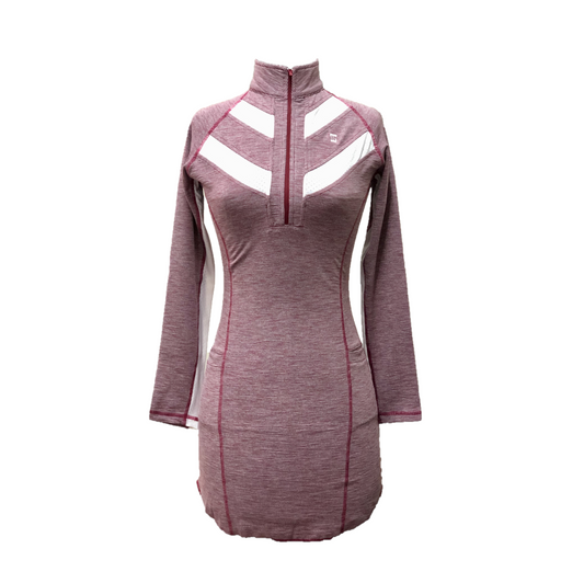 GD-018A || Golf Dress Long Sleeved Maroon Marble  and White Tweed  Featured Over Locked Seems  Textured Fabric, Wide Back Chevron Stripes 2 Each Side of Front Collar, Zip Mock Polo Neck, 2 Front Pockets with black Trim