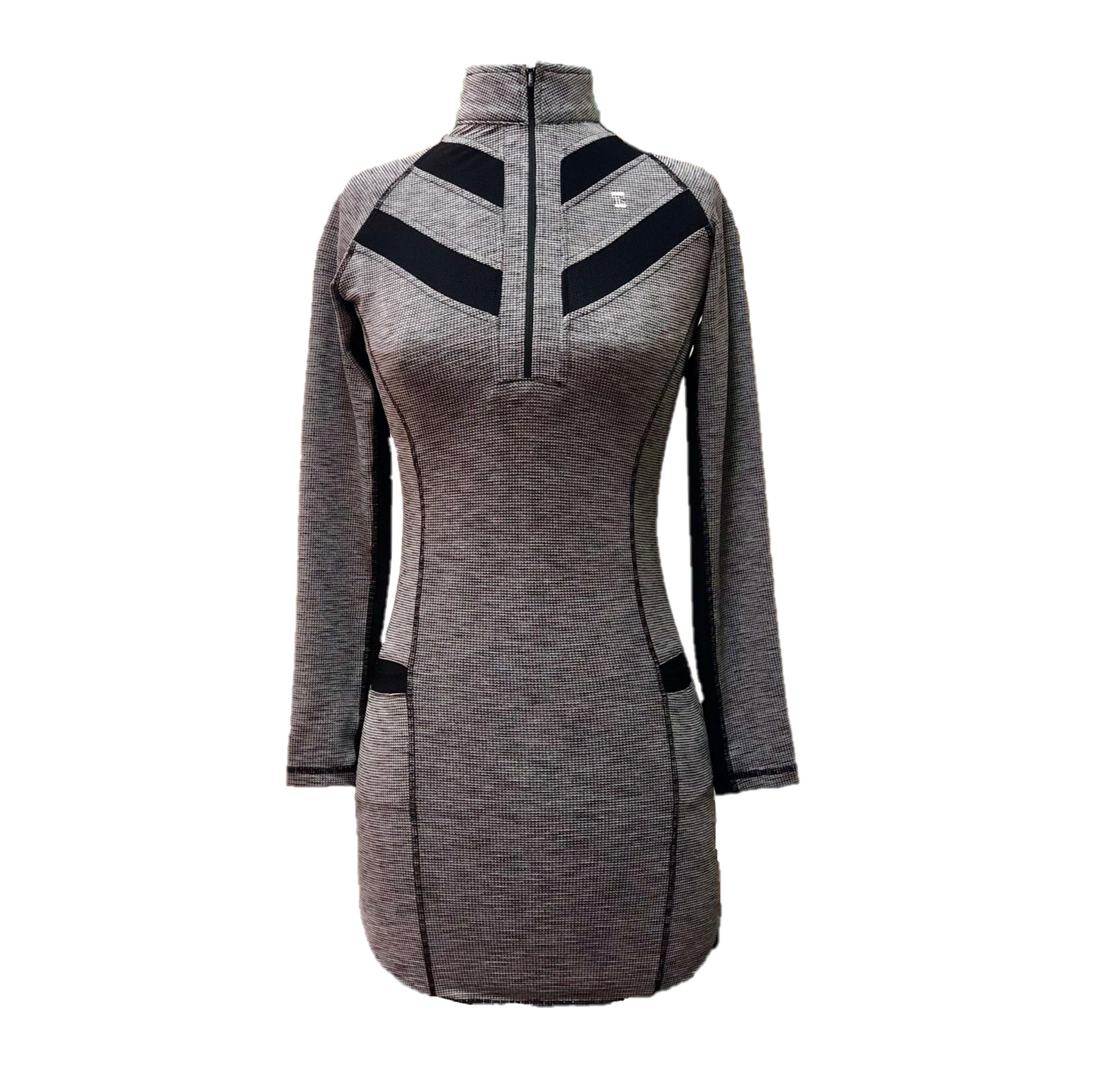 GD-018 || Golf Dress Long Sleeved Charcoal and White Textured Fabric, Wide Back Chevron Stripe 2 Each Side of Front Corral, Zip Mock Polo Neck, 2 Front Pockets with Black Trim.