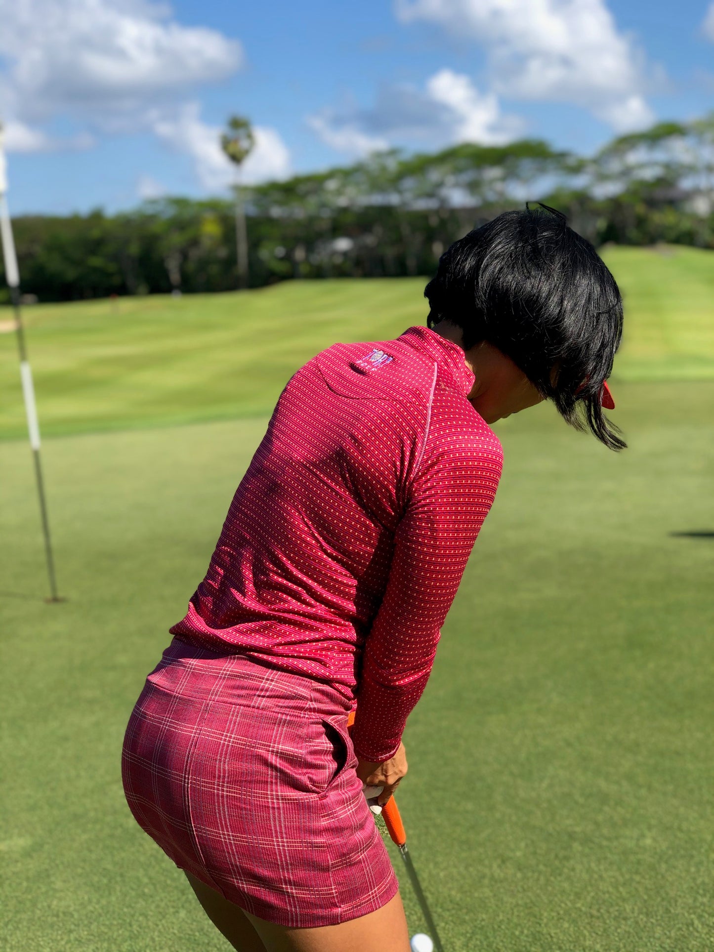 LT-069G || Ladies Top Dark Red With Very Small Dark Blue And Yellow Vertical Dash In Horizontal Bands Long Sleeve.