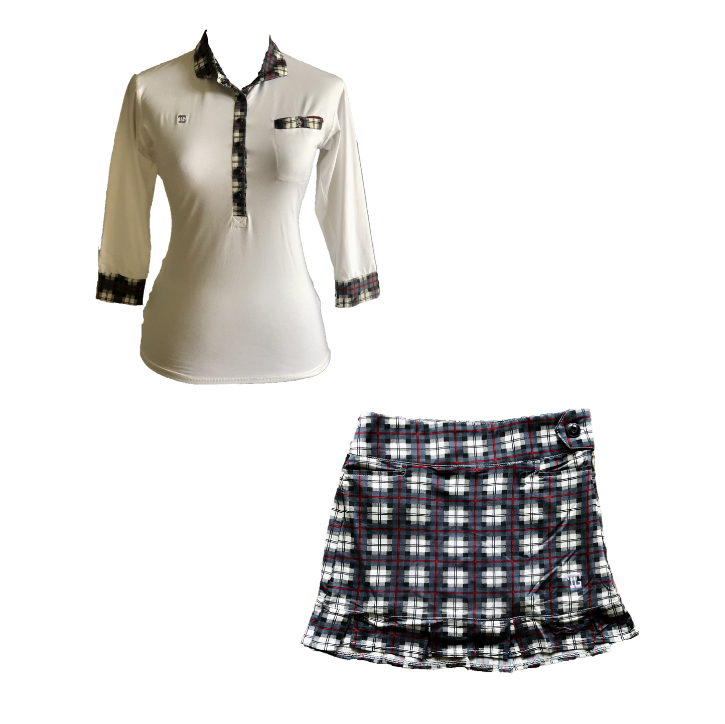 LGS-014B || Ladies Golf Skirt & Top 3/4 Sleeve White w Grey & Black Tartan Trim 6 Pearl Snap Fasteners -Skirt Grey w Black & White Tartan Squares with Red Borders