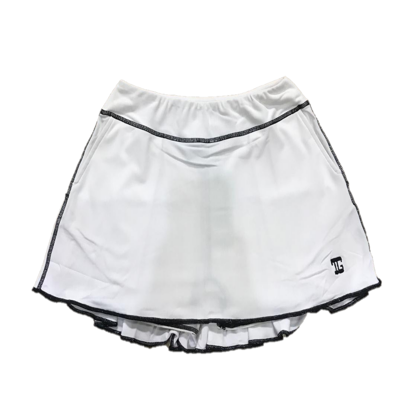 LS-042D || Skirt Ultra-Soft Feel White with Rear Swing Pleat Panel 2 Side Pockets & Black Overlock Trim