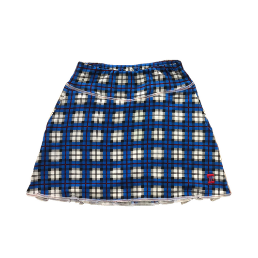 LS-043D || Skirt Blue with  Red Lined Black, Grey & White Tartan Motif 2 Side Pockets & Pleated Rear Panel